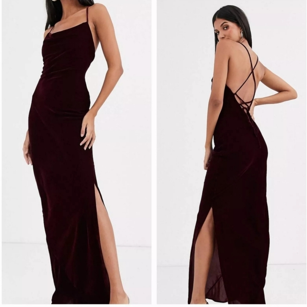 ASOS Burgundy wine cami maxi slip Velour dress Cocktail Sexy US 4